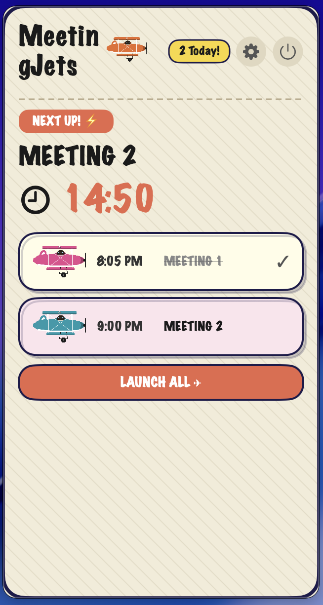 The MeetingJets menu-bar popover showing the next meeting and a countdown